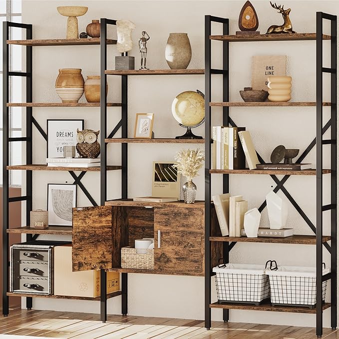 70 x70" Triple 5 Tier Book Shelf, Industrial Large Bookcase with Storage Cabinet, Tall Bookshelf with 14 Open Display Shelves Metal Frame Furniture for Living Room Bedroom Home Office Rustic Brown-Ruum Studio Home