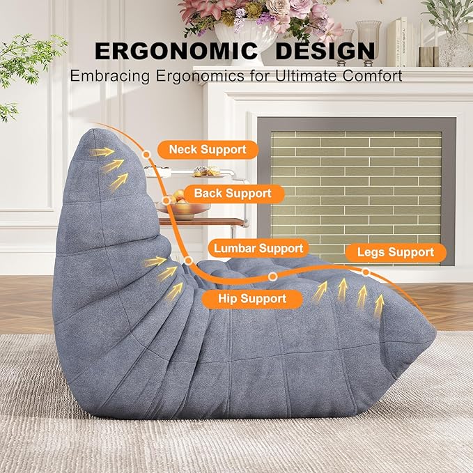 Full Foam Loveseat Sofa,Adults Bean Bag Chairs Floor Couch with Soft Waterproof Fabric,Armless Fireside Lounge Chair for Living Room,Apartment and Office (Grey)-Ruum Studio Home