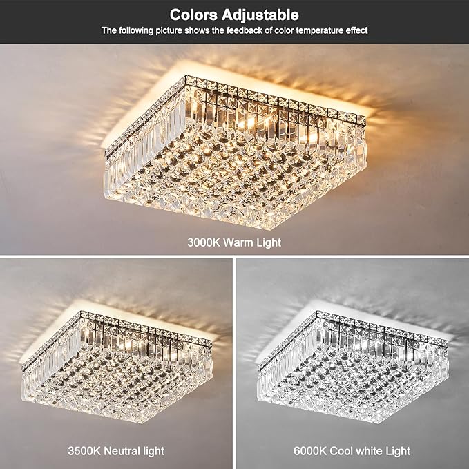 12-Lights Black Crystal Flush Mount Ceiling Light Fixtures,Elegant Crystal Chandelier Pendant Ceiling Lamp for Bedroom,Living Room,Dining Room,Hallway H5.9 x W20 x L20 (Bulb Not Included)Square-Ruum Studio Home