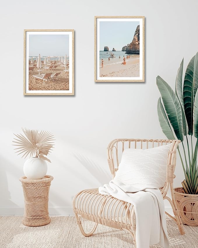 HesenDot Natural OAK Wood Framed Italy Beach Wall Art,12x16in Amalfi Coast Canvas Wall Print,Positano Seascape White Beach Chair Wall Decor for Living Room, Bedroom,Office Gallery Set of 1-Ruum Studio Home