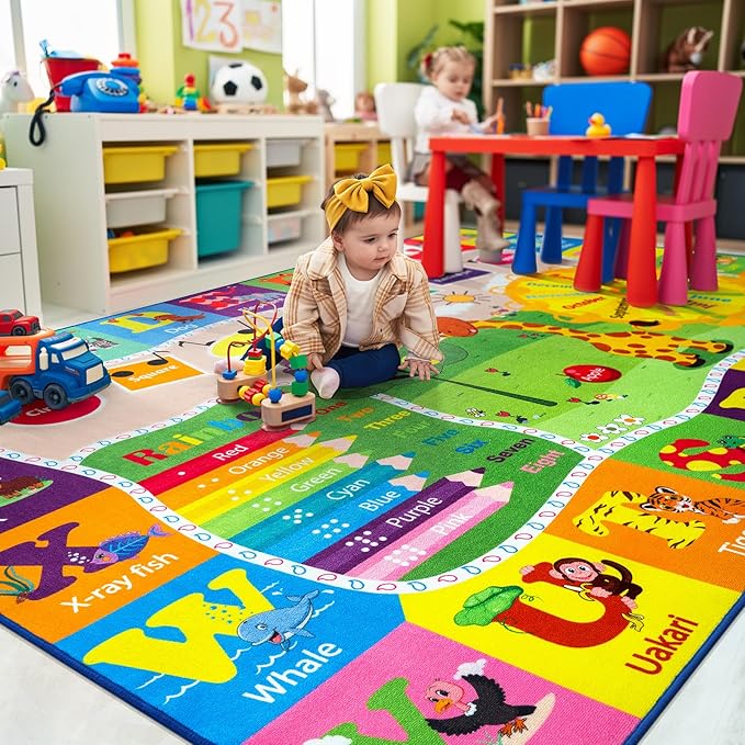 7x10 Playroom Rugs for Kids Washable, Educational and Fun Playmat with ABC Alphabet Animals Shapes Colors, Non-Slip Play Mat Learning Rugs for Baby Toddler Children Game Activity-Ruum Studio Home