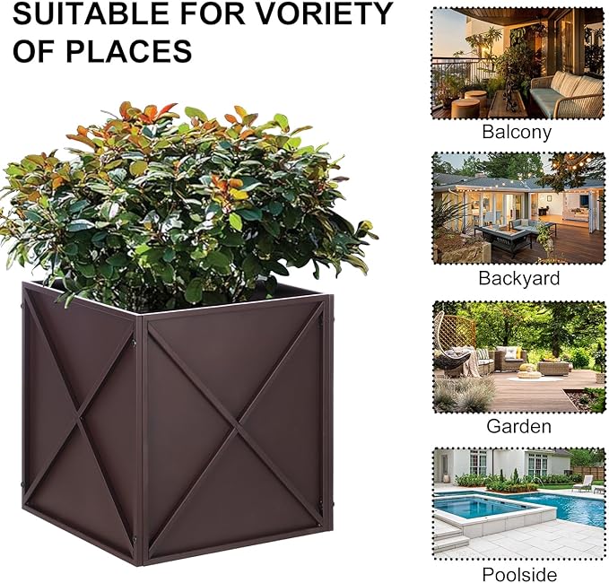 SUNNYPARK Large Metal Planter Box 17”x 17”x 18”, Square Modern Brown Metal Planter Box Heavy Duty with Drainage Holes for Outdoor Garden Patio-Ruum Studio Home
