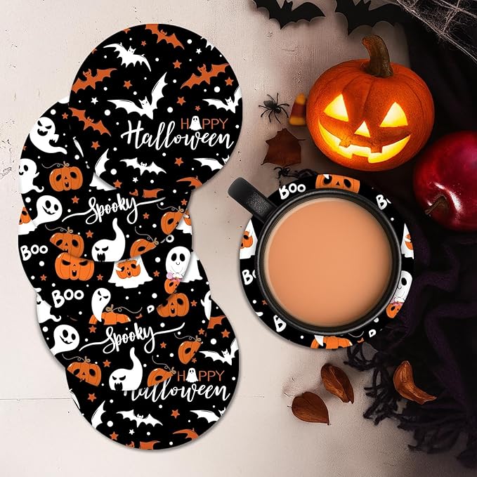 Coaster for Drinks Set of 6, Halloween Ghost Pumpkins Bats Holiday Black Absorbent Round Ceramic Stone Mat, with Cork Base and Metal Holder, Gift for Housewarming Room Bar Decor-Ruum Studio Home