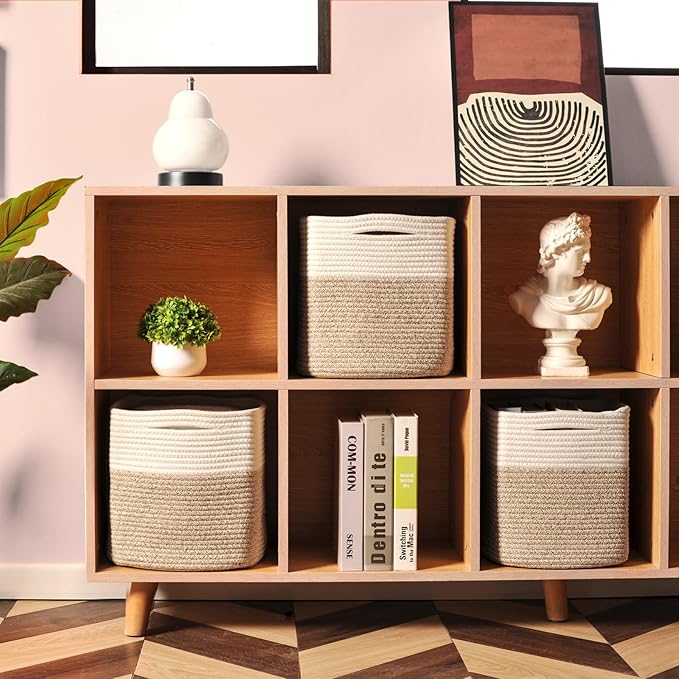 11 Inch Cube Storage Bins, Organizer Woven Cotton Rope Square Baskets for Organizing Shelves, Toys, Nursery, Off White & Brown (Pack of 3)-Ruum Studio Home