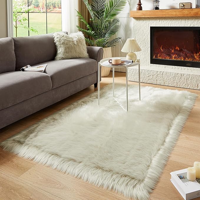 AMTOVO Faux Fur Sheepskin Rug for Living Room, 4 x 6 ft Light Grey Fluffy Area Rug for Bedroom, Playroom, Luxury Room Decor, Rectangle-Ruum Studio Home