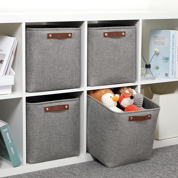 DULLEMELO 12 inch Cube Storage Bins, Large Collapsible Grey Storage Baskets for Square Cubes Organizing, Fabric Boxes Bins for Shelves Nursery Home Office Storage(4 Pack - 12" Grey)-Ruum Studio Home