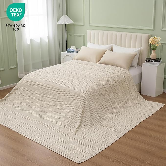 PHF Cooling Waffle Blanket California King Size, Lightweight 60% Rayon Derived from Bamboo & 40% Cotton Breathable Blanket for Hot Sleepers, Soft and Luxury for Bed Couch and Sofa, 110"x96", Linen-Ruum Studio Home