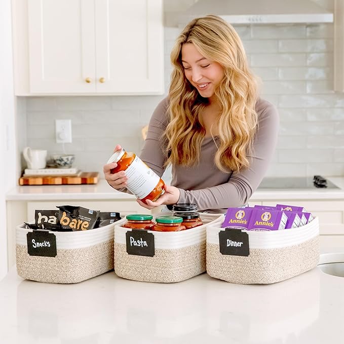 NaturalCozy 13.5”x8.5”x5.5” Storage Baskets for Shelves 3 Pack | Cotton Rope Woven Small Baskets for Organizing | Small Storage Bins for Nursery, Bathroom, Closet, Cube Shelf, Decorative, Gift-Ruum Studio Home