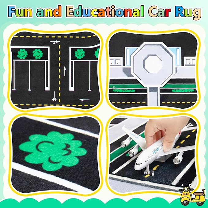 Kids Rug, Road Carpet for Kids with Combined City Road Traffic System, Car Rug and Airport Play Mat, 3x5 Ft Children’s Play Rugs for Playroom, Children’s City Traffic Map Fun Car Mat,Non-Slip-Ruum Studio Home