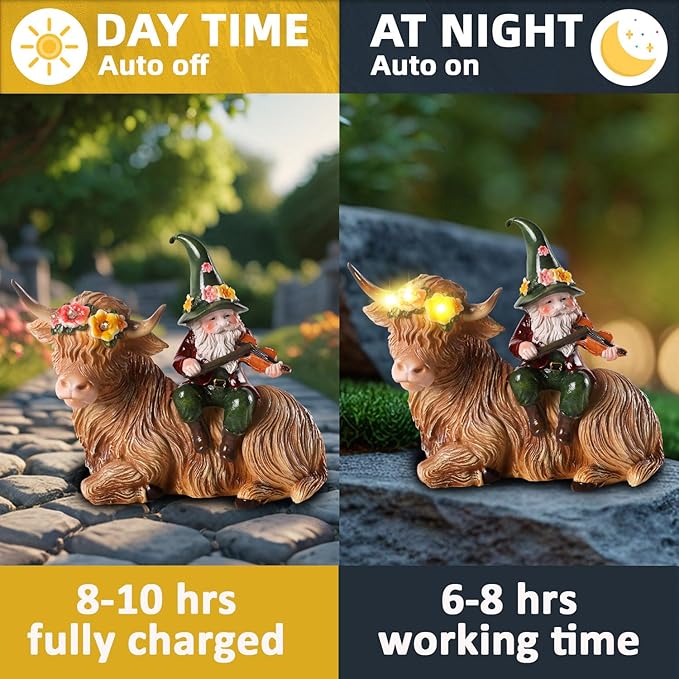 Solar Highland Cow Figurines for Garden with Gnome Playing The Violin 6.7" Resin Garden Gnomes Outdoor Patio Yard Lawn Porch Decor Birthday Housewarming Gifts for Women Mom Grandma Wife Sister Friend-Ruum Studio Home