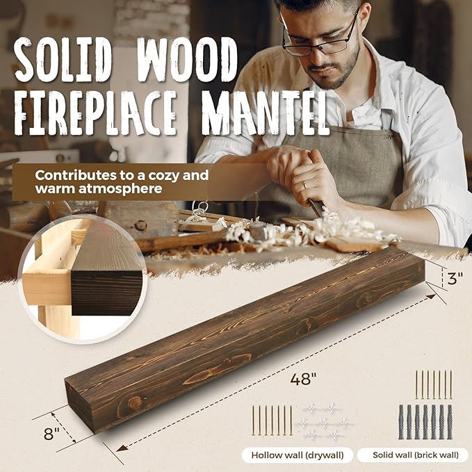 48x8x3 Fireplace Mantel - Handcrafted Hollow Rustic Solid Wood Wall Mounted Floating Shelf with Invisible Heavy Duty Wood Bracket (Weathered Brown)-Ruum Studio Home