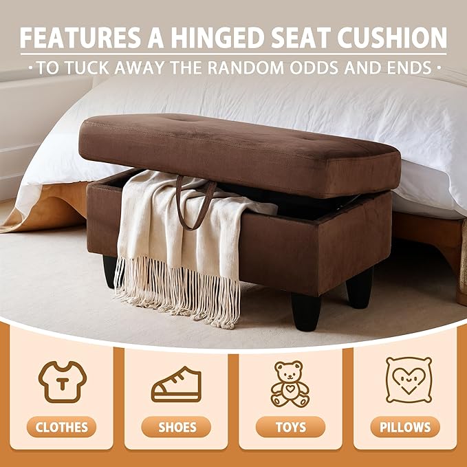 Ottoman Rectangular Storage Ottoman Bench, Flannel Footrest Stool Footstool with Lid for Living Room, Bedroom, Entryway, Chocolate, 28.5"x19"x17.5"-Ruum Studio Home