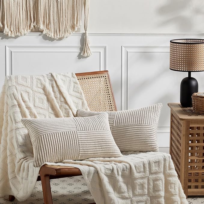Fancy Homi 2 Packs Neutral Taupe Lumbar Decorative Throw Pillow Covers 12x20 Inch for Living Room Couch Bed Sofa, Farmhouse Home Decor, Soft Striped Corduroy Rectangle Accent Cushion Case 30x50 cm-Ruum Studio Home