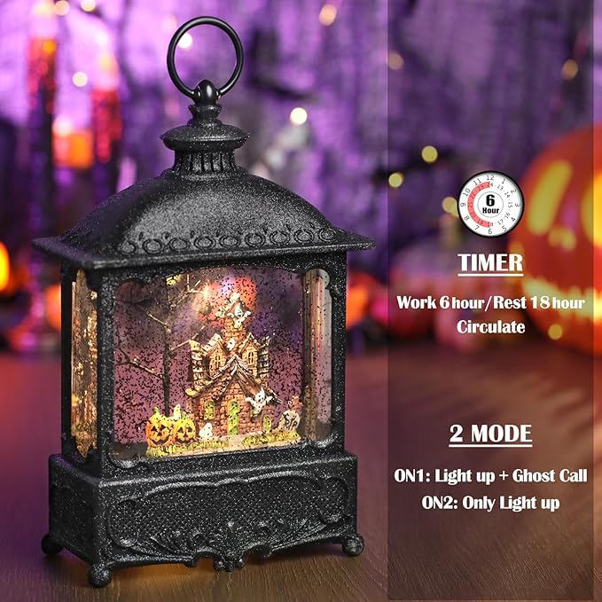 Halloween Snow Globe Lantern Haunted House Pumpkin Ghost Tree Crow Rip Dancing Bats with Timer, USB and Battery Powered 12 inch-Ruum Studio Home