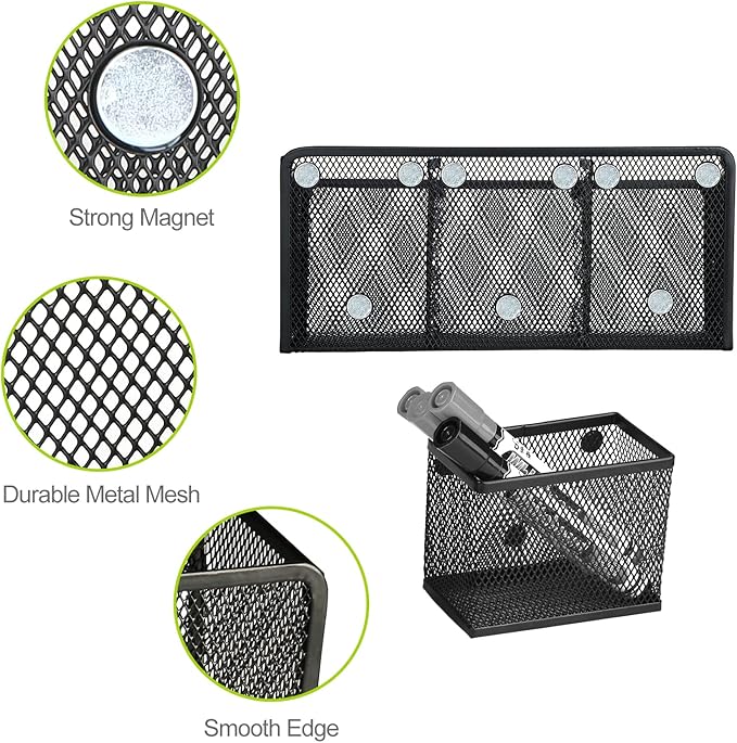 Neudeco Magnetic Pencil Holder, Locker Shelf Organizer, Metal Storage Basket for Whiteboard, Refrigerator, Ideal Cabinet for School, Black (Pack 4)-Ruum Studio Home