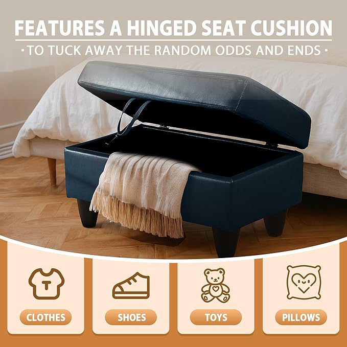 Ottoman Rectangular Storage Ottoman Bench, Faux Leather Footrest, Coffee Table, Stool Footstool with Hinged Lid for Living Room, Bedroom, Entryway, Dark Blue, 35"x23.5"x17.5"-Ruum Studio Home