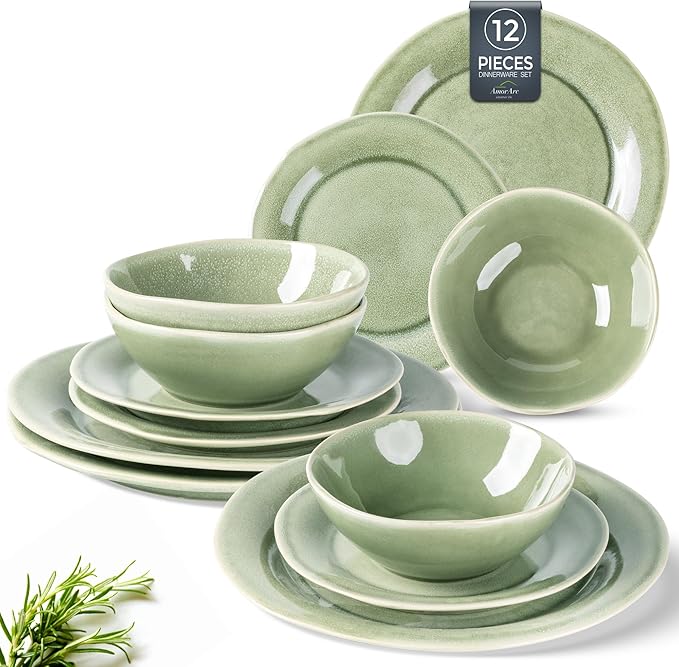 AmorArc Ceramic Dinnerware Sets, Handmade Stoneware Reactive Glaze Plates and Bowls Set, Scratch Resistant | Dishwasher & Microwave Safe Dishes Set, Service for 4 (12pc)-Ruum Studio Home