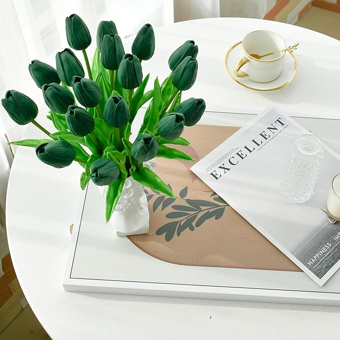 Mandy's Artificial Tulips 20 Stems Dark Green PU Faux Flowers for Wedding Home Decor 13.5 Inch-Ruum Studio Home