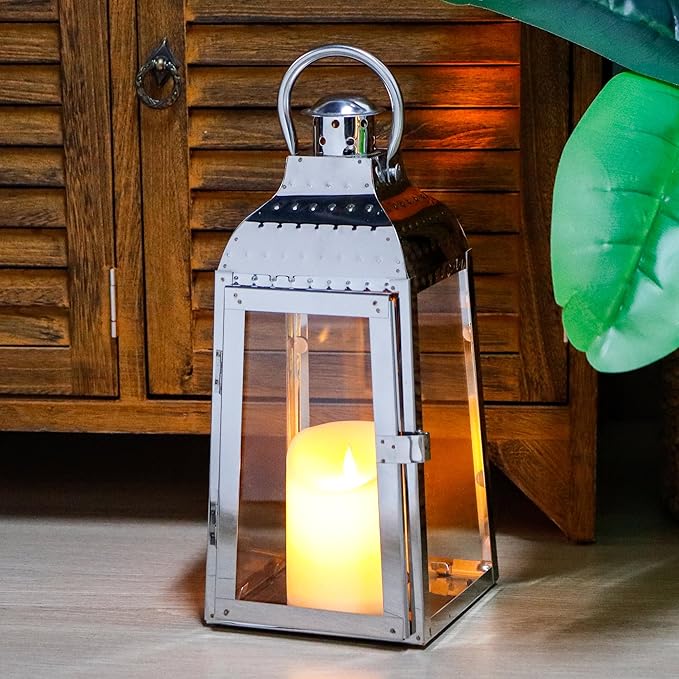 TRIROCKS Stainless Steel Candle Lanterns 12''H Decorative Candle Holders with Tempered Glass for Indoor Outdoor Porch Garden Parities and Wedding(Silver)-Ruum Studio Home