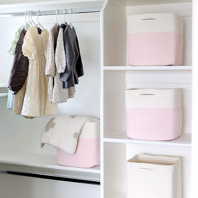 NaturalCozy 13 Inch Cube Storage Bins Cotton Rope Woven Baskets for Organizing 3-Pack | 13 x 13 Storage Cubes | Fabric Square Storage Baskets for Shelves Organizer, Kids Toy Bins, Closet Baby Nursery-Ruum Studio Home