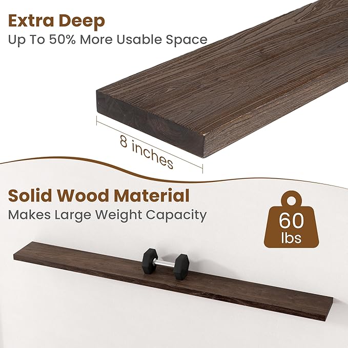 Floating Shelves for Wall Decor, 8 Inch Deep Rustic Solid Elm Wood Floating Shelves Wall Mounted, Wall Shelves with Invisible Bracket for Living Room Bathroom Bedroom Kitchen, 72 Inch Set of 1, Walnut-Ruum Studio Home