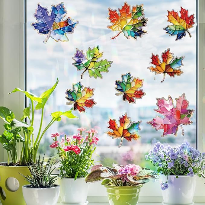 14pcs Window Decals for Bird Strikes, Anti Collision Window Clings, Rainbow Reflection Window Sticker, Maple Leaf Style Sun Catcher Stickers for Glass Windows-Ruum Studio Home