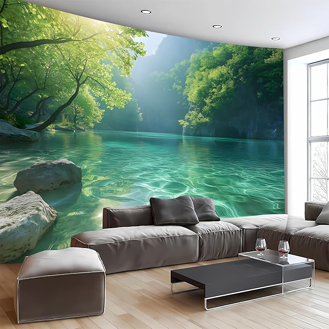 BSFHH Nature Tapestry Forest Tree Sea Cave Wall Hanging, Stream Through Rainforest Landscape Wall Art Tapestry for Bedroom Living room (Lake View, 110" × 87", Unframed)-Ruum Studio Home