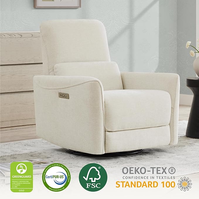 CHITA Power Recliner Chair Swivel Glider, FSC Certified Upholstered Living Room Nursery Reclining Sofa Chair with Lumbar Support, Linen-Ruum Studio Home