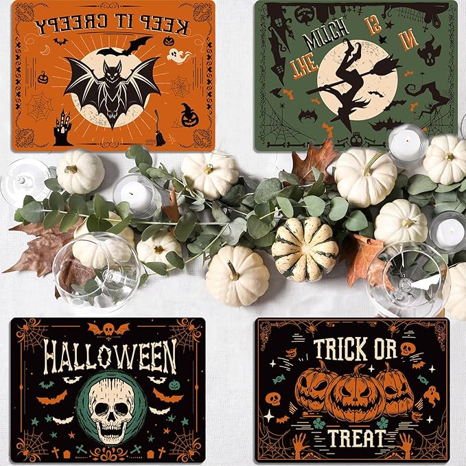 Halloween Placemats Set of 6 Gothic Bat Plastic Table Mats Pumpkin Witch Skull Ghost Halloween Place Mats Washable Vinyl Rustic Table Decoration for Indoor Outdoor Party Kitchen Dining-Ruum Studio Home