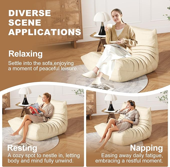 Bean Bag Chair for Adults, Lazy Floor Sofa Couch - Adult Size with Soft Waterproof Fabric for Living Room, Apartments, Reading Corner, Gaming, and Movie Venue (White)-Ruum Studio Home