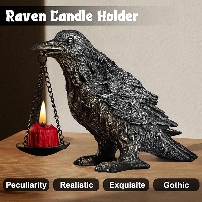 Gothic Home Decor Fake Crow Light Holder Raven Lamp Tealight Candle Holder Resin Statue Half Silver-Ruum Studio Home