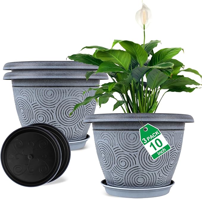 10 Inch Flower Pots Planters for Indoor Outdoor Plants, 3 Pack Plastic Large Plant Pots with Drainage Hole & Tray, Modern Decorative Garden Pot with Saucer, Plant Container for House-Ruum Studio Home