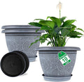 10 Inch Flower Pots Planters for Indoor Outdoor Plants, 3 Pack Plastic Large Plant Pots with Drainage Hole & Tray, Modern Decorative Garden Pot with Saucer, Plant Container for House-Ruum Studio Home