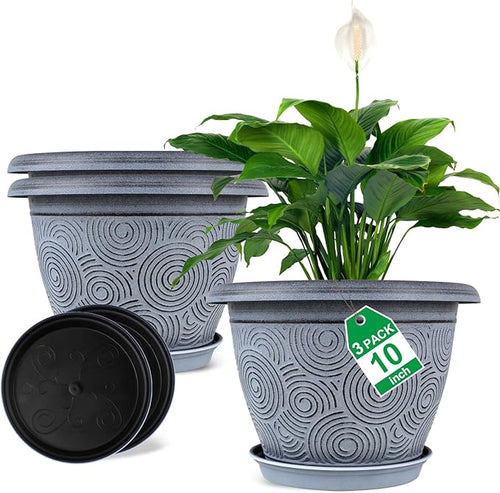 10 Inch Flower Pots Planters for Indoor Outdoor Plants, 3 Pack Plastic Large Plant Pots with Drainage Hole & Tray, Modern Decorative Garden Pot with Saucer, Plant Container for House-Ruum Studio Home