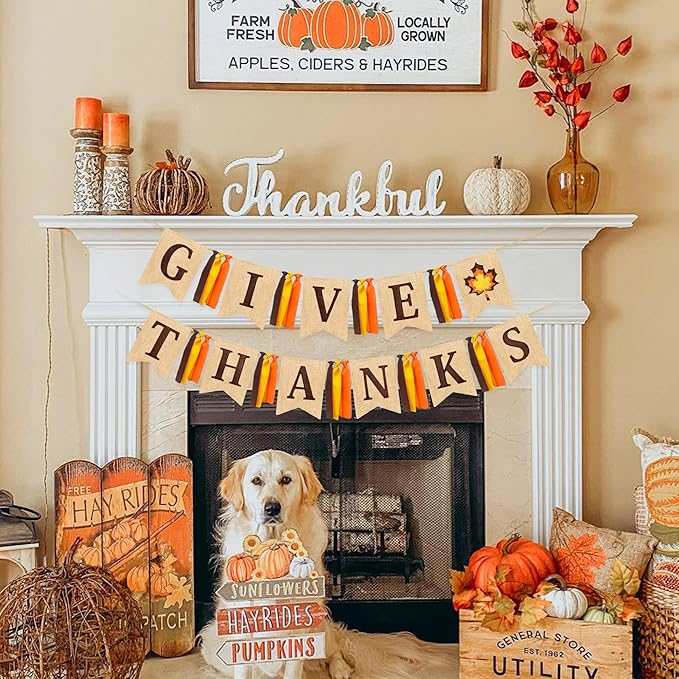 Thanksgiving Maple Leaf Burlap Pennant Banner Flag Felt Give Thanks Sign and Maple Leaf Pattern with Fall Color Ribbon for Thanksgiving Day Fall Autumn Harvest Birthday Party Decorations Supplies-Ruum Studio Home