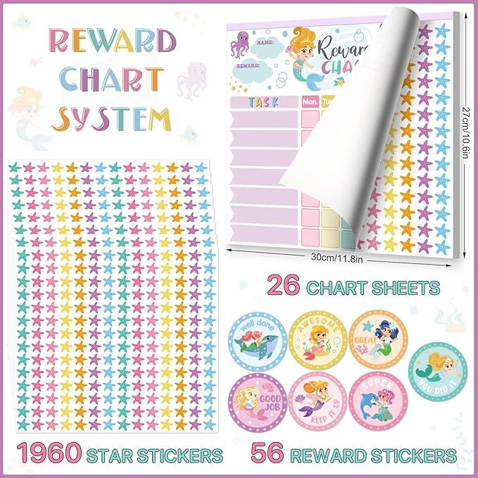 Reward Chart for Kids,Magnetic Behavior Chore Chart for Kids at Home,26 Mermaid Chore Charts,1960 Diamond Stickers,56 Reward Stickers,Incentive Chart to Develop Responsibility and Good Habits,Mermaid-Ruum Studio Home