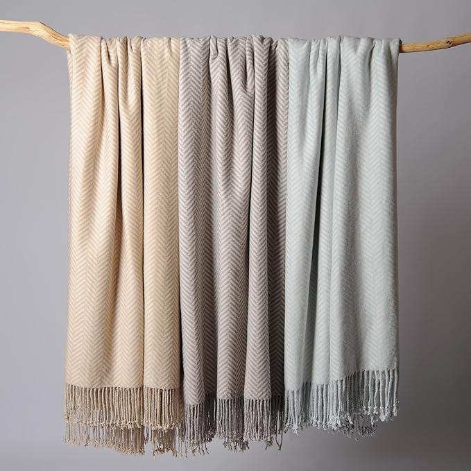 CUDDLE DREAMS Silk Throw Blanket with Hand-Knotted Fringe, Natural, Soft & Breathable (Herringbone Blue)-Ruum Studio Home
