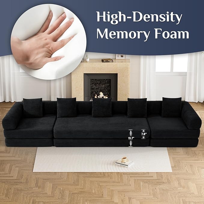 Modular Sectional Loveseat Sofa Cloud Boneless Couch, Modern Sleeper Sofa for Customizable Living Spaces, Cozy Modular Couch for Indoor Room, No Assembly Required, Black-Ruum Studio Home