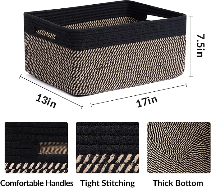 Large Storage Baskets for Organizing, Closet Shelf Baskets for Clothes Blanket Towels, Baby Nursery, Toy Bins Box, Woven Rope Baskets, 17 x 13 x 7.5”, 4 Packs Woven Brown-Ruum Studio Home