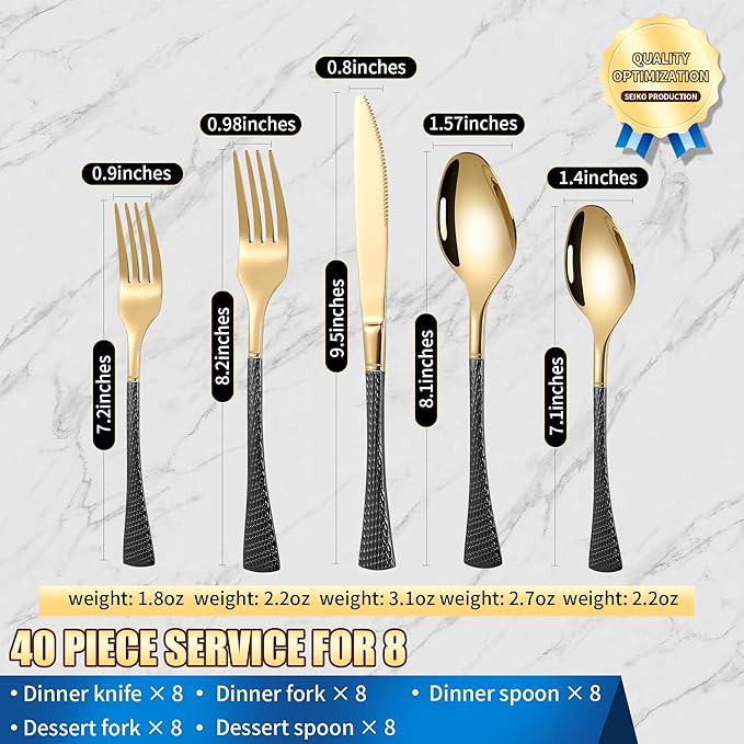 Hammered Black Gold Silverware Set for 8,Stainless Steel 40-Piece Modern Cutlery Set,Mirror Polished Heavy Duty Flatware Set Utensil Set,Knives Spoons and Forks Set,Dishwasher Safe-Ruum Studio Home