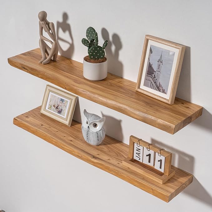 Axeman 36 inch Floating Shelves for Wall - 8'' D Live Edge Rustic Solid Elm Wood Floating Shelves Wall Mounted, Wall Shelves with Invisible Bracket for Living Room Bedroom Kitchen, Set of 2 Natural-Ruum Studio Home