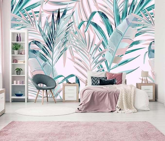 Tropical Pink Palm Leaf Wallpaper Girls Bedroom Colorful Plant Leaves Wall Mural Living Room (Not Peel and Stick)-Ruum Studio Home