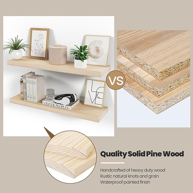Natural Wood Floating Shelves 24”x 8”x 1.4” Book Shelf Floating for Wall Mounted, Heavy Duty Shelf Hold 60 lbs, Unfinished Wall Shelves for Bathroom, Living Room, Kitchen, Bedroom, Office-Ruum Studio Home