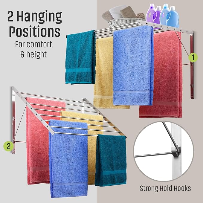 Smartsome | Wall Mounted | Clothes Drying Rack| 22" Wide |15 Linear Feet Capacity | 8 Smooth Round Stainless Steel Rods | 60 lb Capacity | Fully Assembled | Compact Sturdy Space-Saving Design-Ruum Studio Home