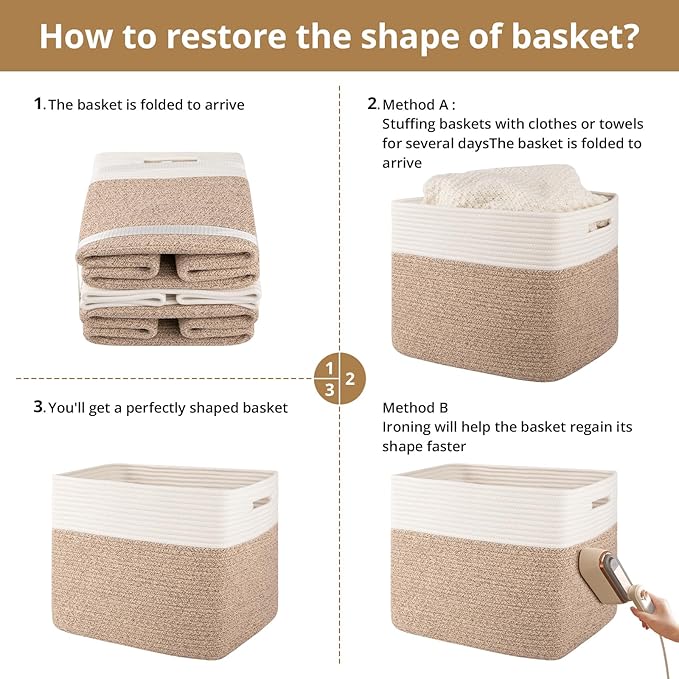 OIAHOMY 13 Kallax Inch Cube Storage Bins, 3-Pack Cotton Rope Woven Baskets for Organizing, Kallax Insert Storage Baskets for Shelves, Baby Nursery, Closet Organizer, 15*13*12.6IN, Brown & White-Ruum Studio Home
