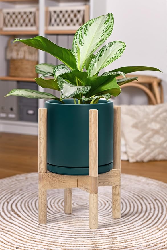D'vine Dev Ceramic Planter with Natural Stand - 8 Inch Modern Round Flower Pot with Wood Planter Holder, Teal, 55-B-N-4-Ruum Studio Home