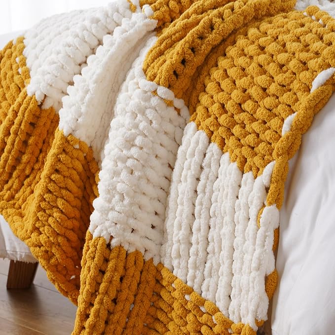 Battilo Chunky Knit Throw Blanket, Soft and Thick Chenille Throw Blanket, 50"x60" Handmade Cable Knit Crochet Blanket, Large Rope Knot Throw Blankets for Couch Sofa Bed Home Decor, Yellow & White-Ruum Studio Home