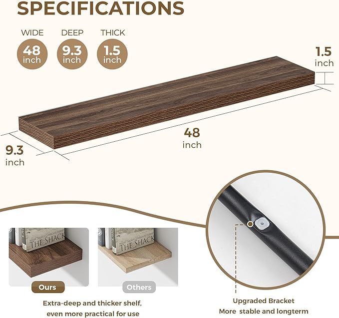 Dreamland 48 Inches Floating Shelves for Wall, 9.3" Deep Long Floating Shelves Set of 1, Large Display & Storage Shelf, Wall Shelf for Bathroom Bedroom Living Room Kitchen Office, Walnut-Ruum Studio Home