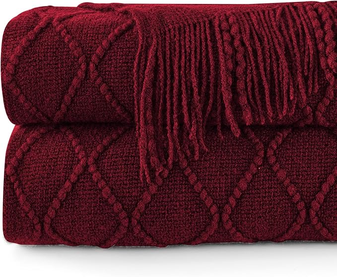 inhand Knitted Throw Blankets for Couch and Bed, Soft Cozy Knit Blanket with Tassel, Claret Lightweight Decorative Blankets and Throws, Farmhouse Warm Woven Blanket for Men and Women, 50"x60"-Ruum Studio Home