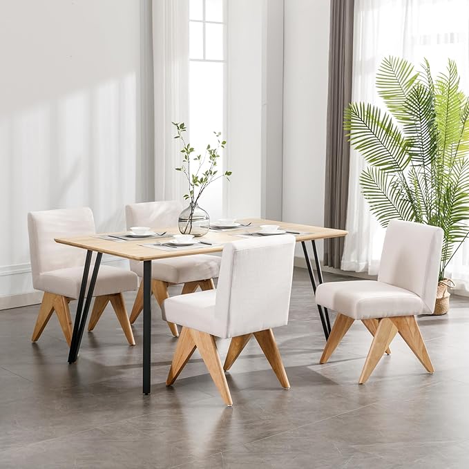 Mid Century Modern Farmhouse Dining Chairs Set of 4, Upholstered Armless Kitchen Chairs with Back and Wooden Legs, Linen Beige-Ruum Studio Home